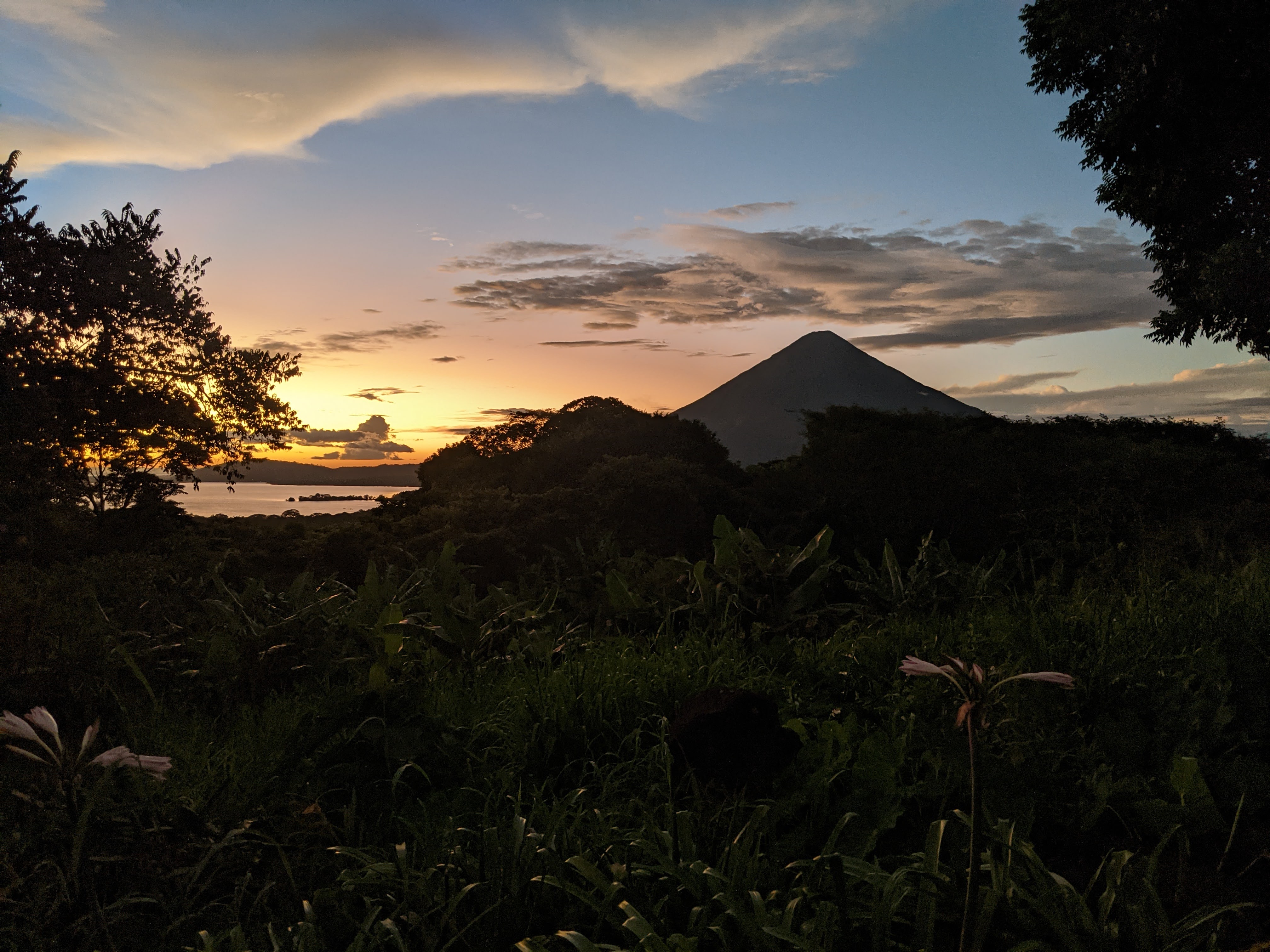 Sunset over a volcanic landscape